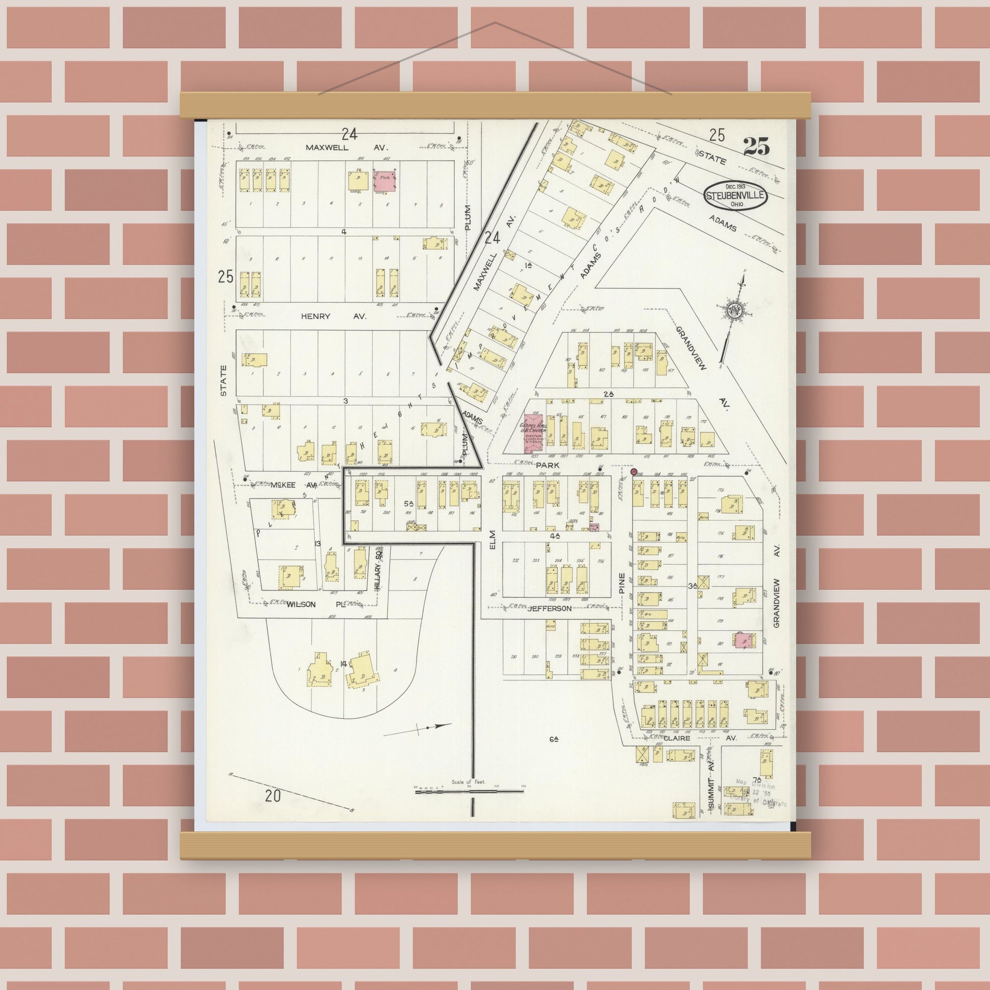 Old map wall art mockup — magnetic wood frame on brick wall — Sanborn Fire Insurance Map from Steubenville, Jefferson County, Ohio (1913), Sheet #0025