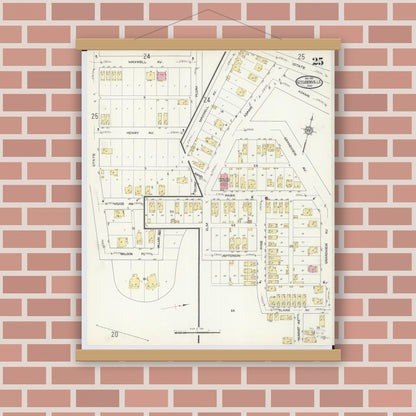 Old map wall art mockup — magnetic wood frame on brick wall — Sanborn Fire Insurance Map from Steubenville, Jefferson County, Ohio (1913), Sheet #0025