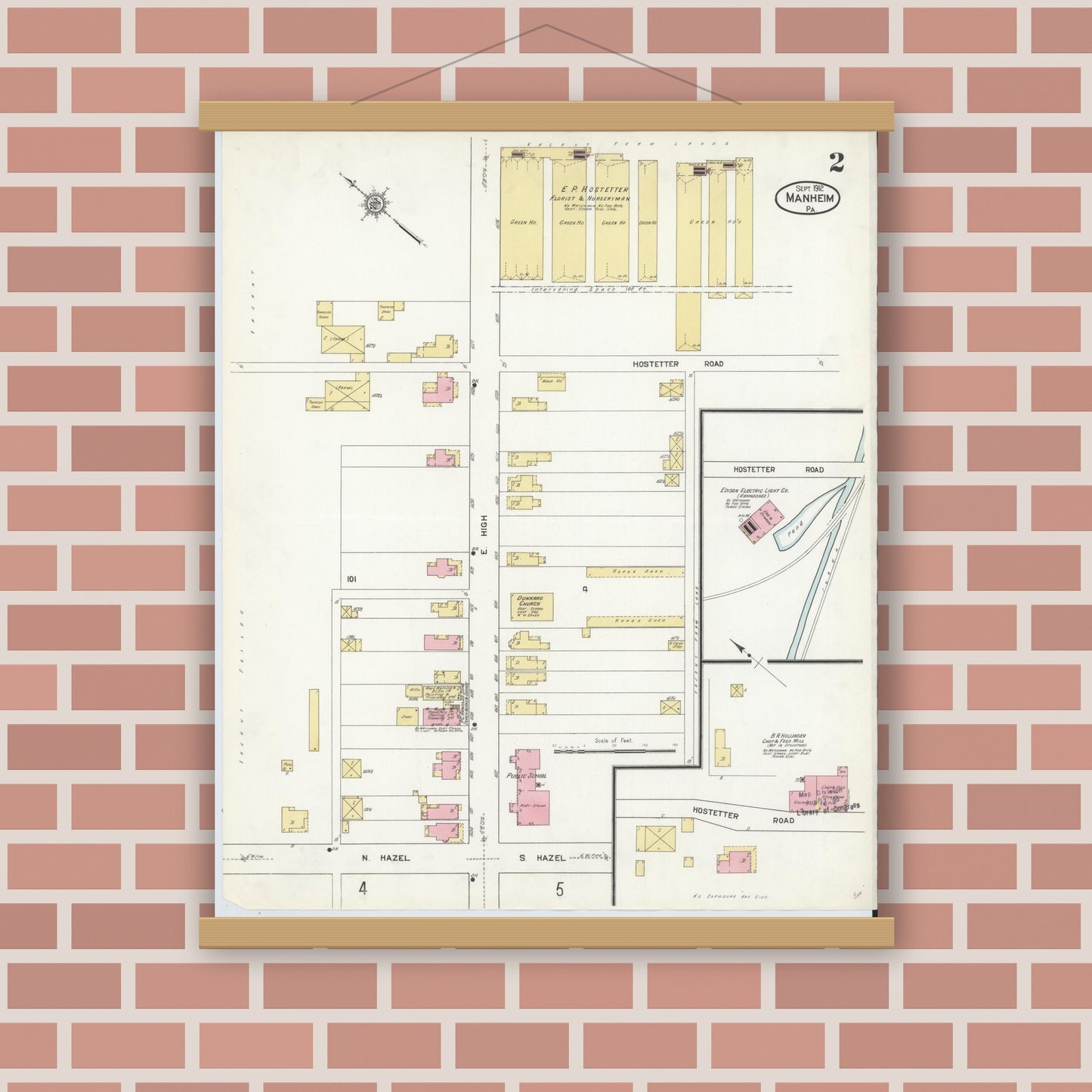 Old map wall art mockup — magnetic wood frame on brick wall — Sanborn Fire Insurance Map from Manheim, Lancaster County, Pennsylvania (1912), Sheet #0002