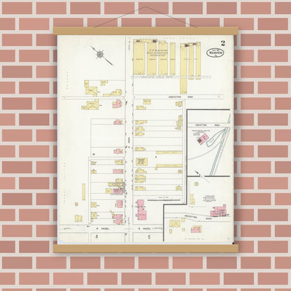 Old map wall art mockup — magnetic wood frame on brick wall — Sanborn Fire Insurance Map from Manheim, Lancaster County, Pennsylvania (1912), Sheet #0002