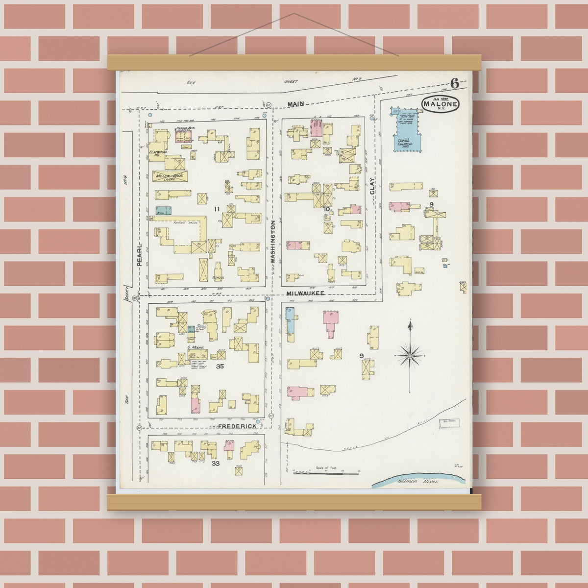 Old map wall art mockup — magnetic wood frame on brick wall — Sanborn Fire Insurance Map from Malone, Franklin County, New York (1892), Sheet #0006