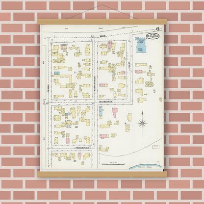 Old map wall art mockup — magnetic wood frame on brick wall — Sanborn Fire Insurance Map from Malone, Franklin County, New York (1892), Sheet #0006