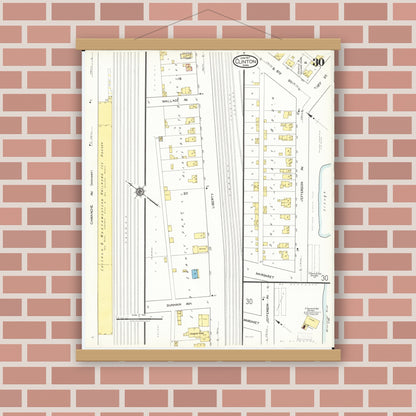 Old map wall art mockup — magnetic wood frame on brick wall — Sanborn Fire Insurance Map from Clinton, Clinton County, Iowa (1917), Sheet #0030