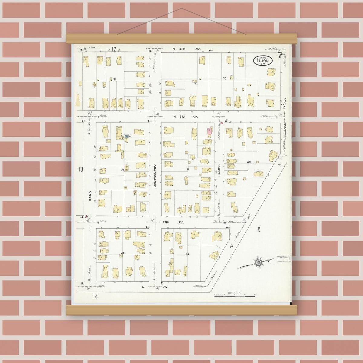 Old map wall art mockup — magnetic wood frame on brick wall — Sanborn Fire Insurance Map from Ilion, Herkimer County, New York (1912), Sheet #0007