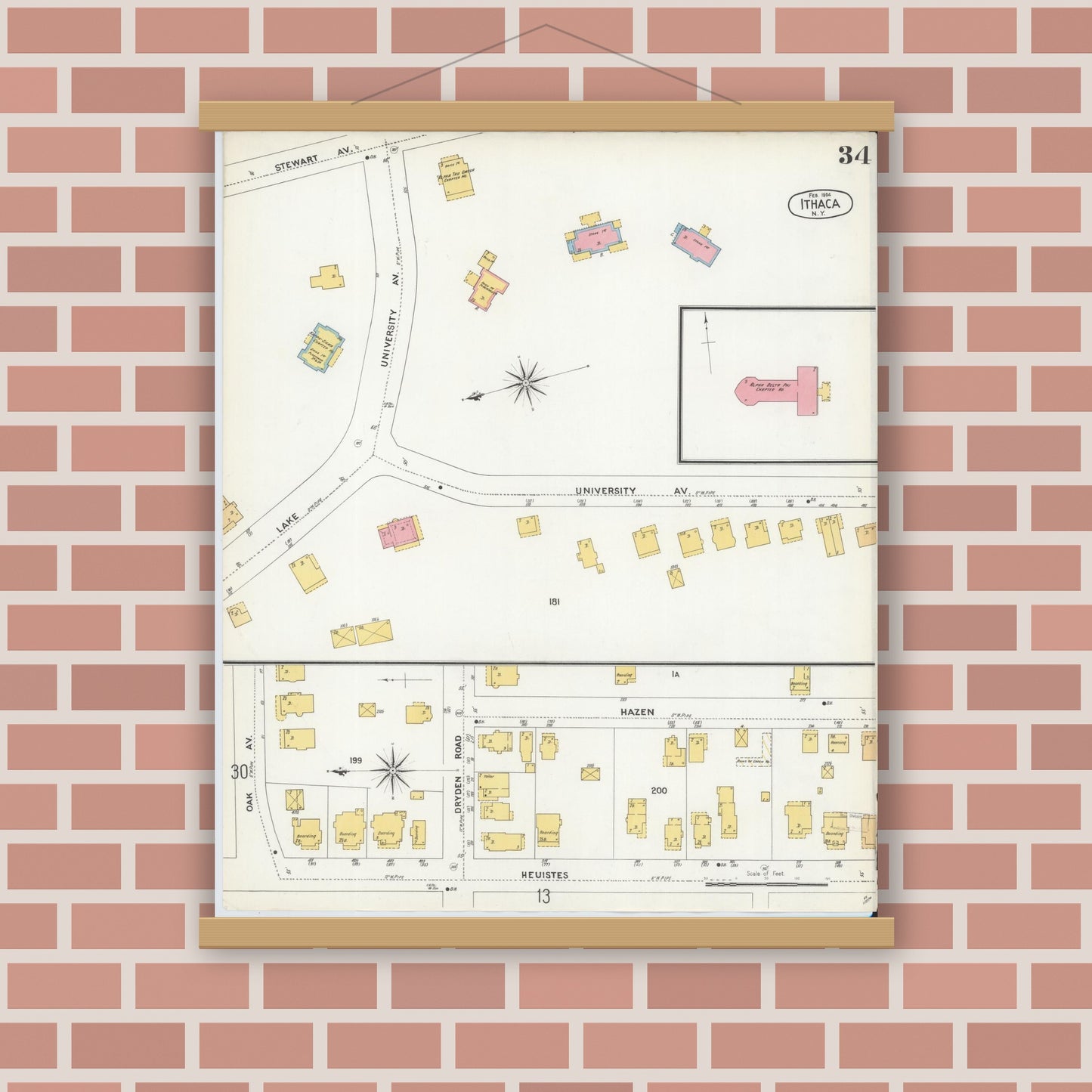 Old map wall art mockup — magnetic wood frame on brick wall — Sanborn Fire Insurance Map from Ithaca, Tompkins County, New York (1904), Sheet #0034
