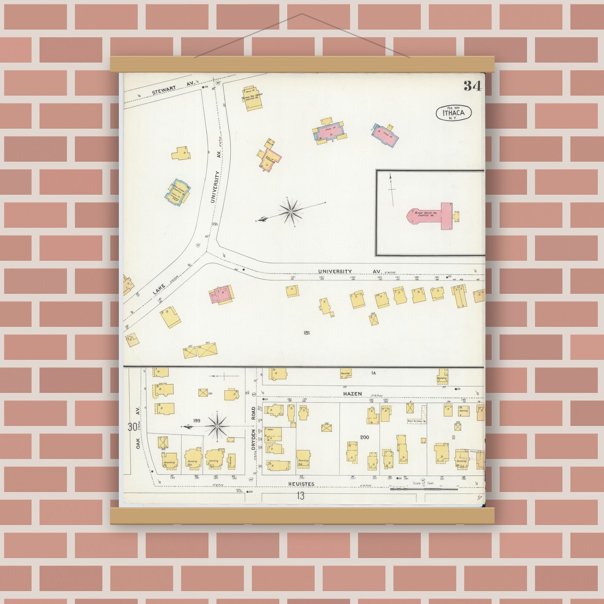 Old map wall art mockup — magnetic wood frame on brick wall — Sanborn Fire Insurance Map from Ithaca, Tompkins County, New York (1904), Sheet #0034