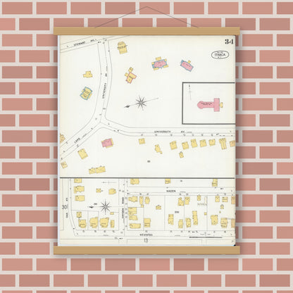 Old map wall art mockup — magnetic wood frame on brick wall — Sanborn Fire Insurance Map from Ithaca, Tompkins County, New York (1904), Sheet #0034