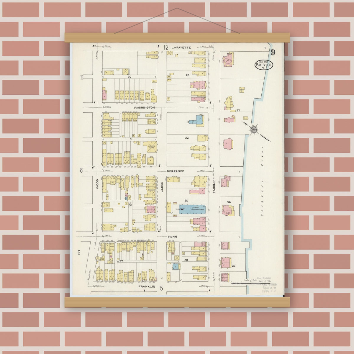 Old map wall art mockup — magnetic wood frame on brick wall — Sanborn Fire Insurance Map from Bristol, Bucks County, Pennsylvania (1915), Sheet #0009