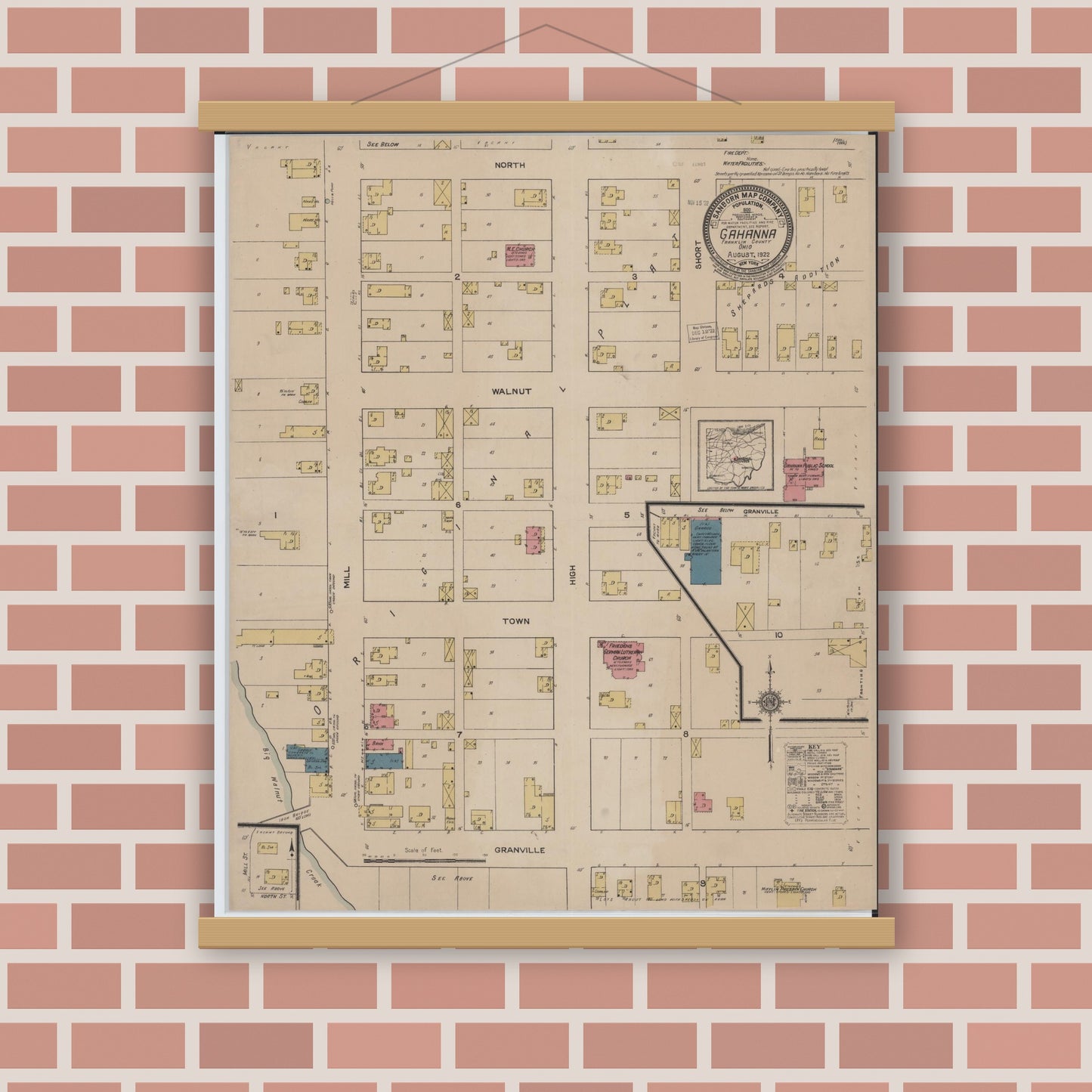 Old map wall art mockup — magnetic wood frame on brick wall — Sanborn Fire Insurance Map from Gahanna, Franklin County, Ohio (1922), Sheet #0001