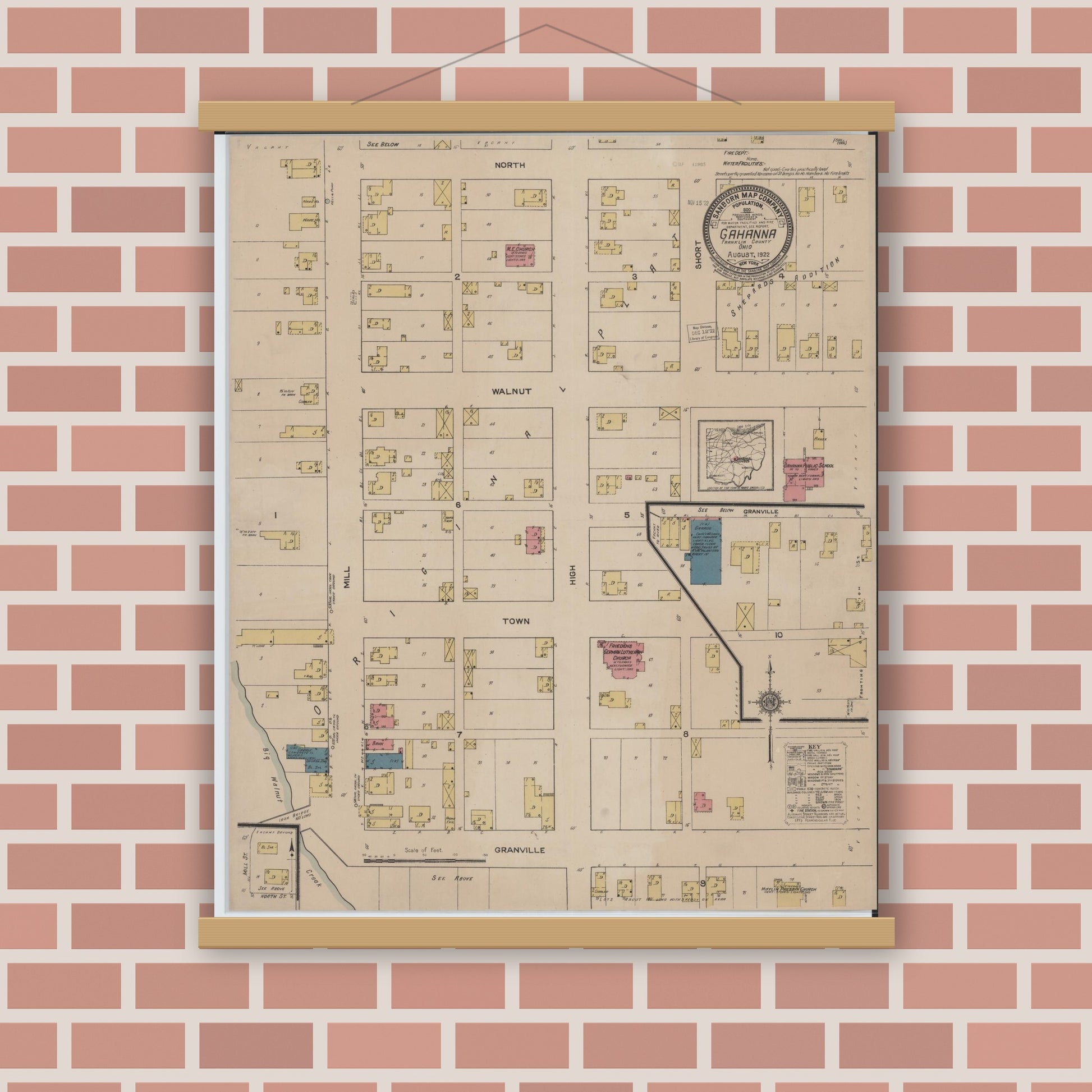 Old map wall art mockup — magnetic wood frame on brick wall — Sanborn Fire Insurance Map from Gahanna, Franklin County, Ohio (1922), Sheet #0001