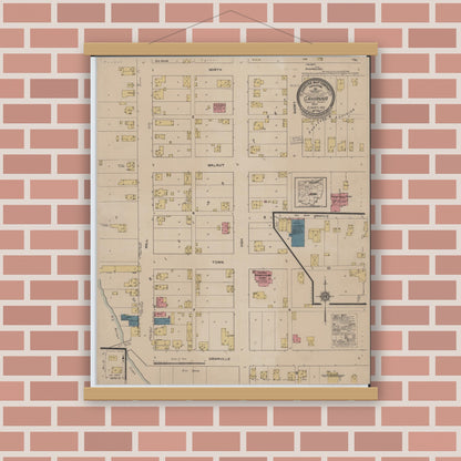 Old map wall art mockup — magnetic wood frame on brick wall — Sanborn Fire Insurance Map from Gahanna, Franklin County, Ohio (1922), Sheet #0001