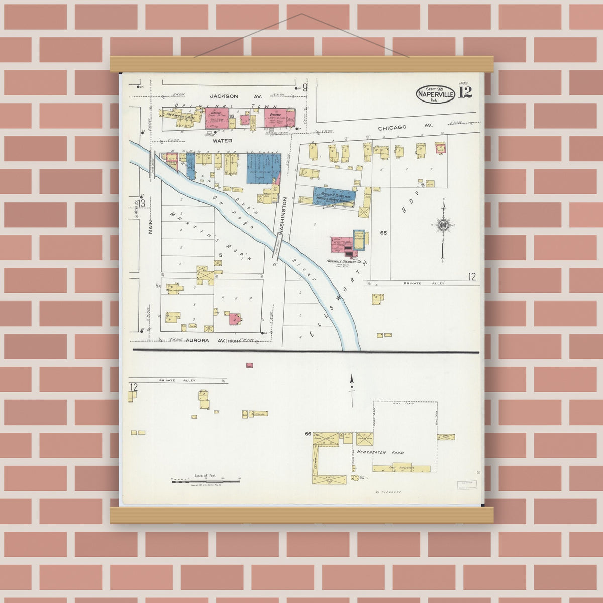 Old map wall art mockup — magnetic wood frame on brick wall — Sanborn Fire Insurance Map from Naperville, Du Page County, Illinois (1921), Sheet #0012