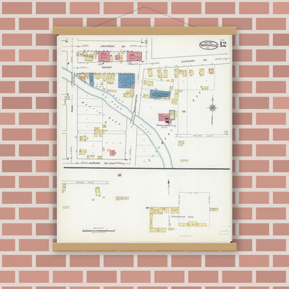 Old map wall art mockup — magnetic wood frame on brick wall — Sanborn Fire Insurance Map from Naperville, Du Page County, Illinois (1921), Sheet #0012