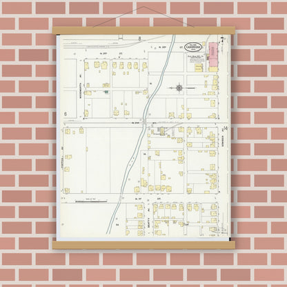 Old map wall art mockup — magnetic wood frame on brick wall — Sanborn Fire Insurance Map from Cambridge, Guernsey County, Ohio (1909), Sheet #0007