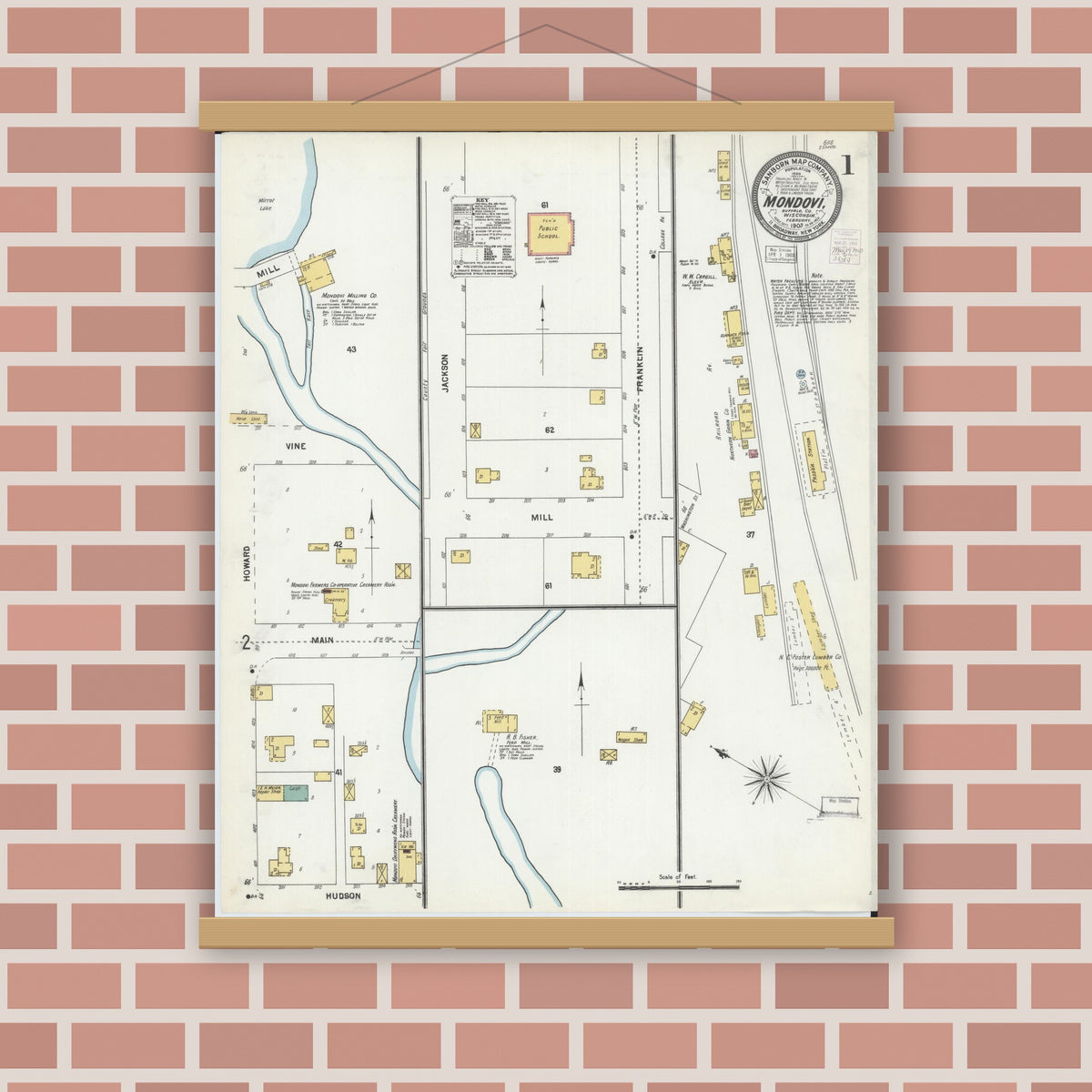 Old map wall art mockup — magnetic wood frame on brick wall — Sanborn Fire Insurance Map from Mondovi, Buffalo County, Wisconsin (1903) - Complete Map Set