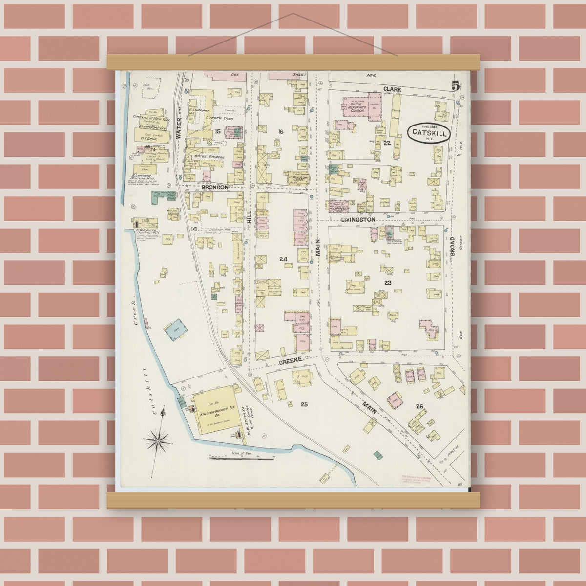 Old map wall art mockup — magnetic wood frame on brick wall — Sanborn Fire Insurance Map from Catskill, Greene County, New York (1889), Sheet #0005