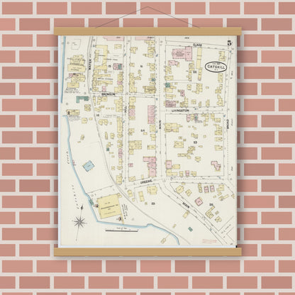 Old map wall art mockup — magnetic wood frame on brick wall — Sanborn Fire Insurance Map from Catskill, Greene County, New York (1889), Sheet #0005