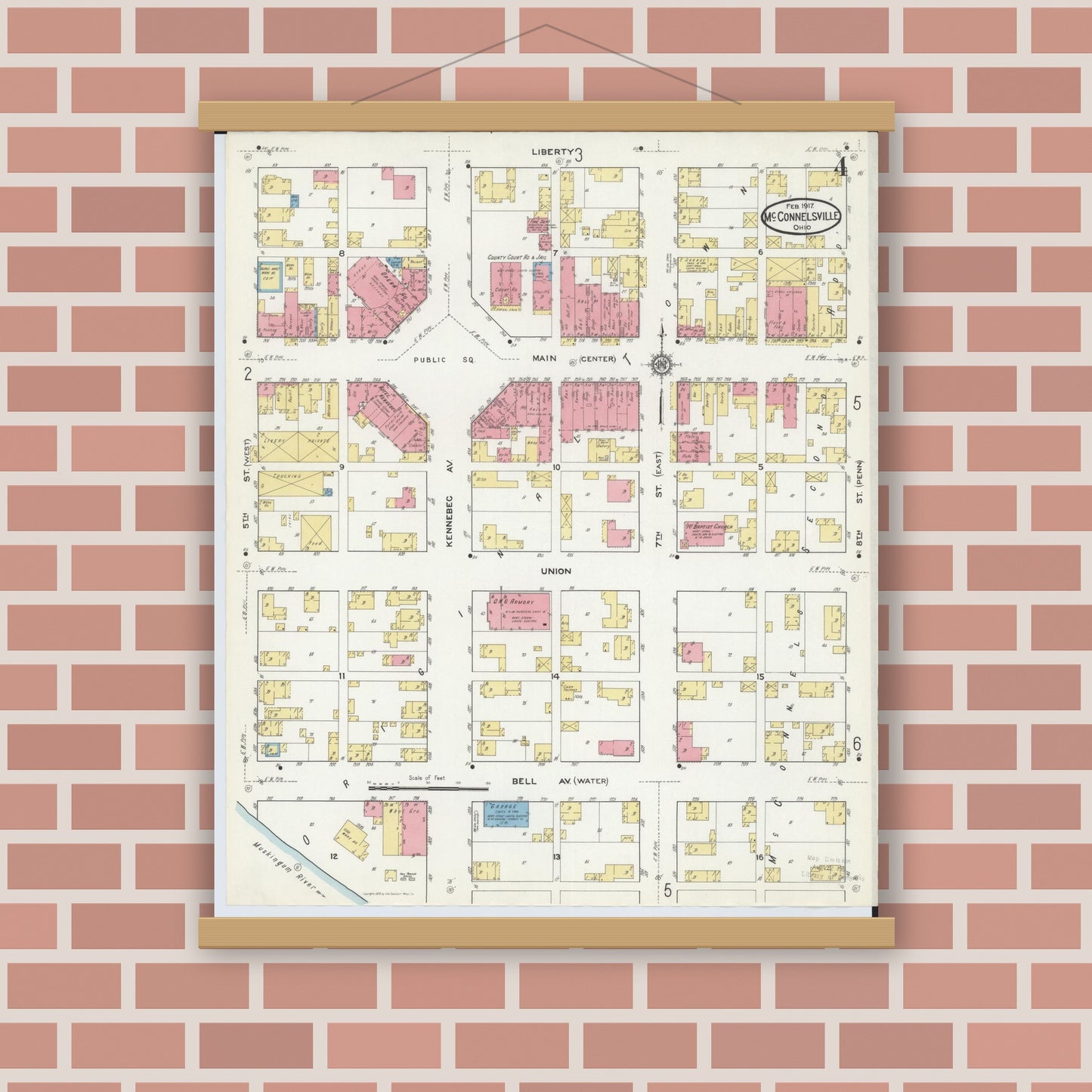 Old map wall art mockup — magnetic wood frame on brick wall — Sanborn Fire Insurance Map from McConnelsville, Morgan County, Ohio (1917), Sheet #0004