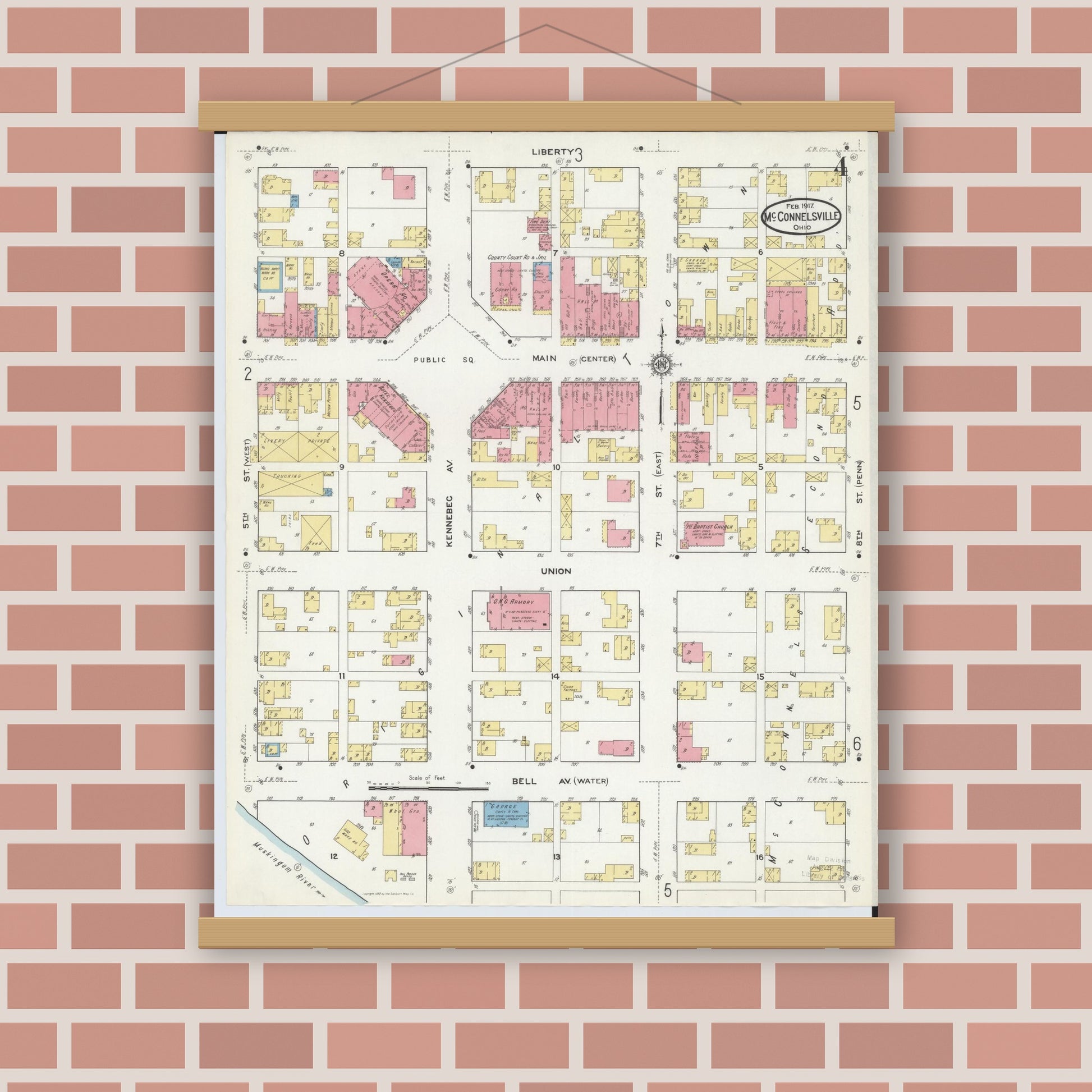 Old map wall art mockup — magnetic wood frame on brick wall — Sanborn Fire Insurance Map from McConnelsville, Morgan County, Ohio (1917), Sheet #0004
