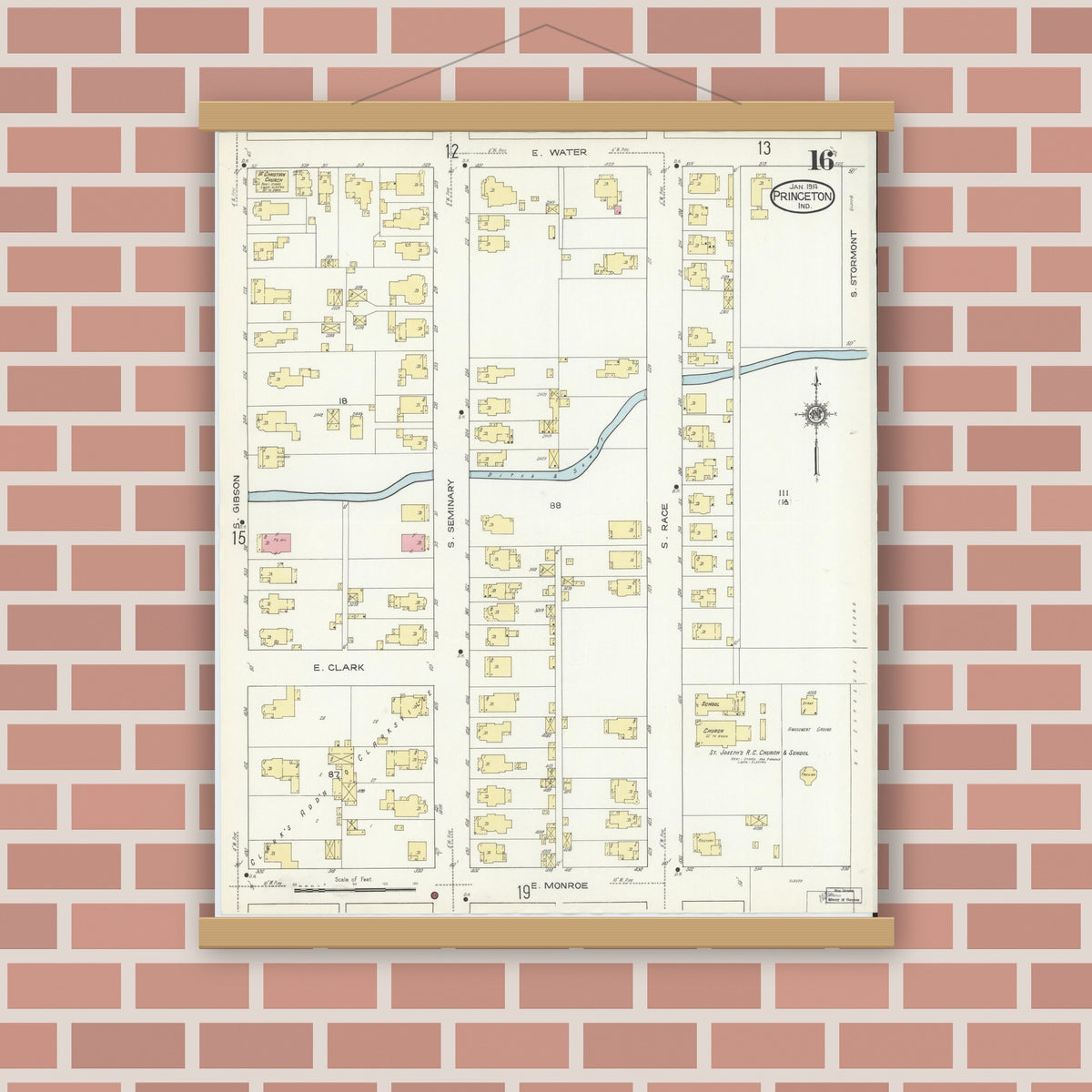 Old map wall art mockup — magnetic wood frame on brick wall — Sanborn Fire Insurance Map from Princeton, Gibson County, Indiana (1914), Sheet #0016