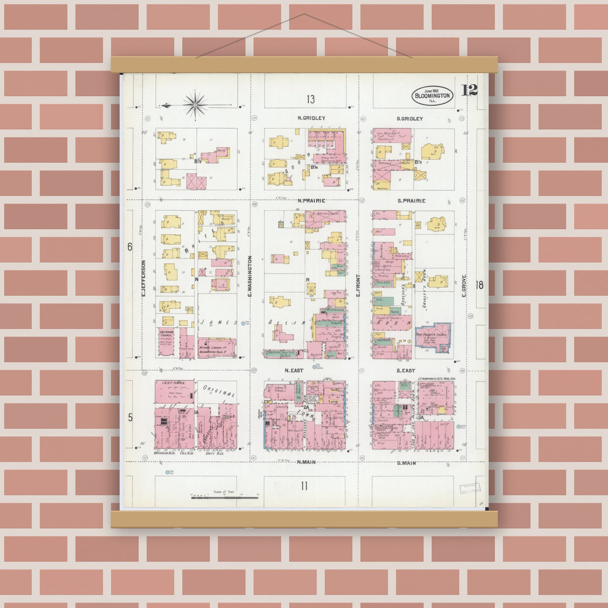 Old map wall art mockup — magnetic wood frame on brick wall — Sanborn Fire Insurance Map from Bloomington, McLean County, Illinois (1901), Sheet #0012