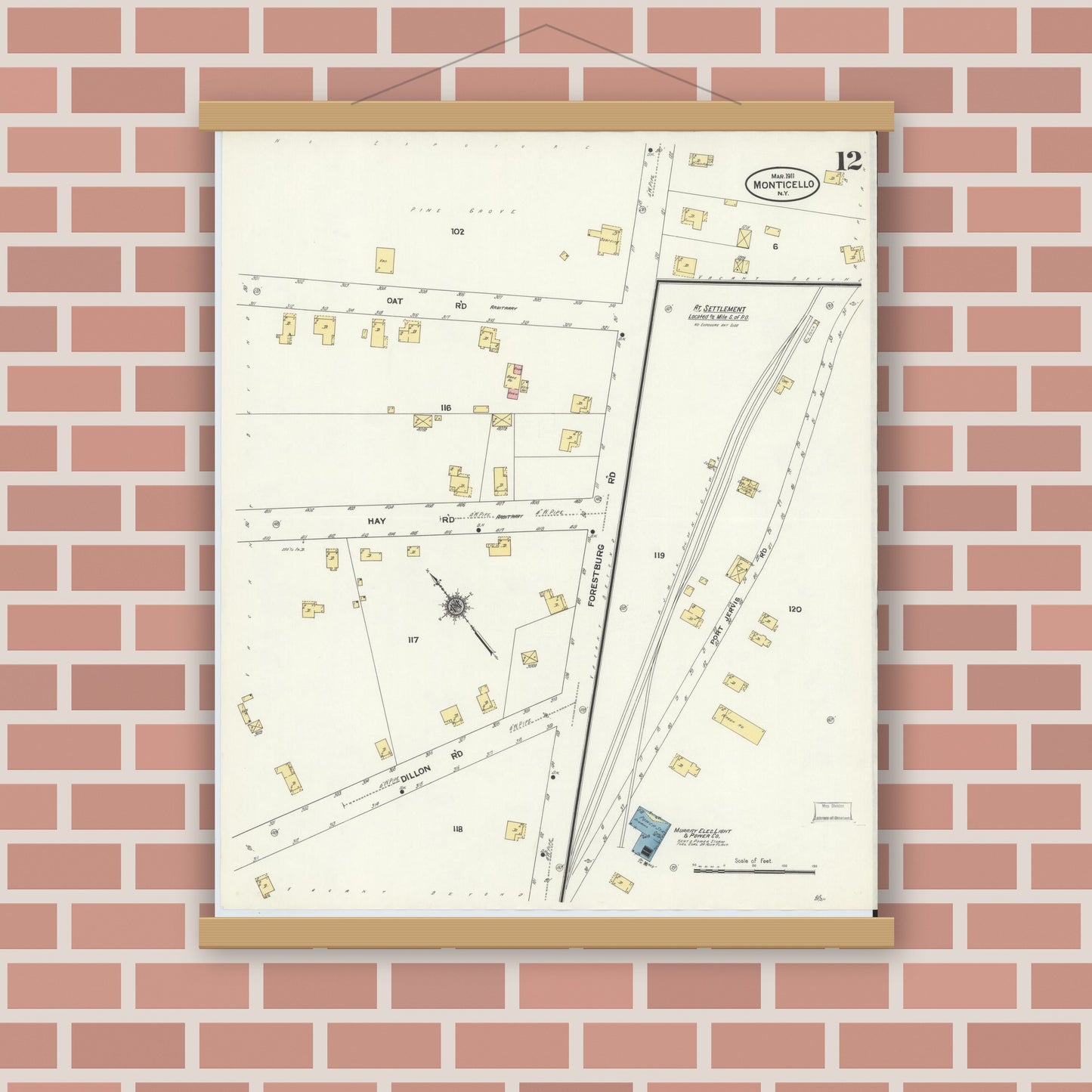 Old map wall art mockup — magnetic wood frame on brick wall — Sanborn Fire Insurance Map from Monticello, Sullivan County, New York (1911), Sheet #0012