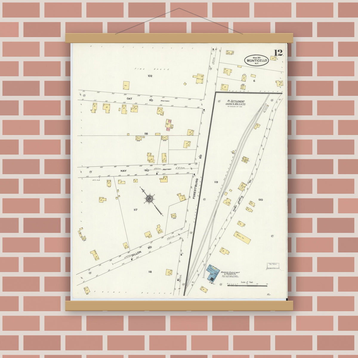 Old map wall art mockup — magnetic wood frame on brick wall — Sanborn Fire Insurance Map from Monticello, Sullivan County, New York (1911), Sheet #0012