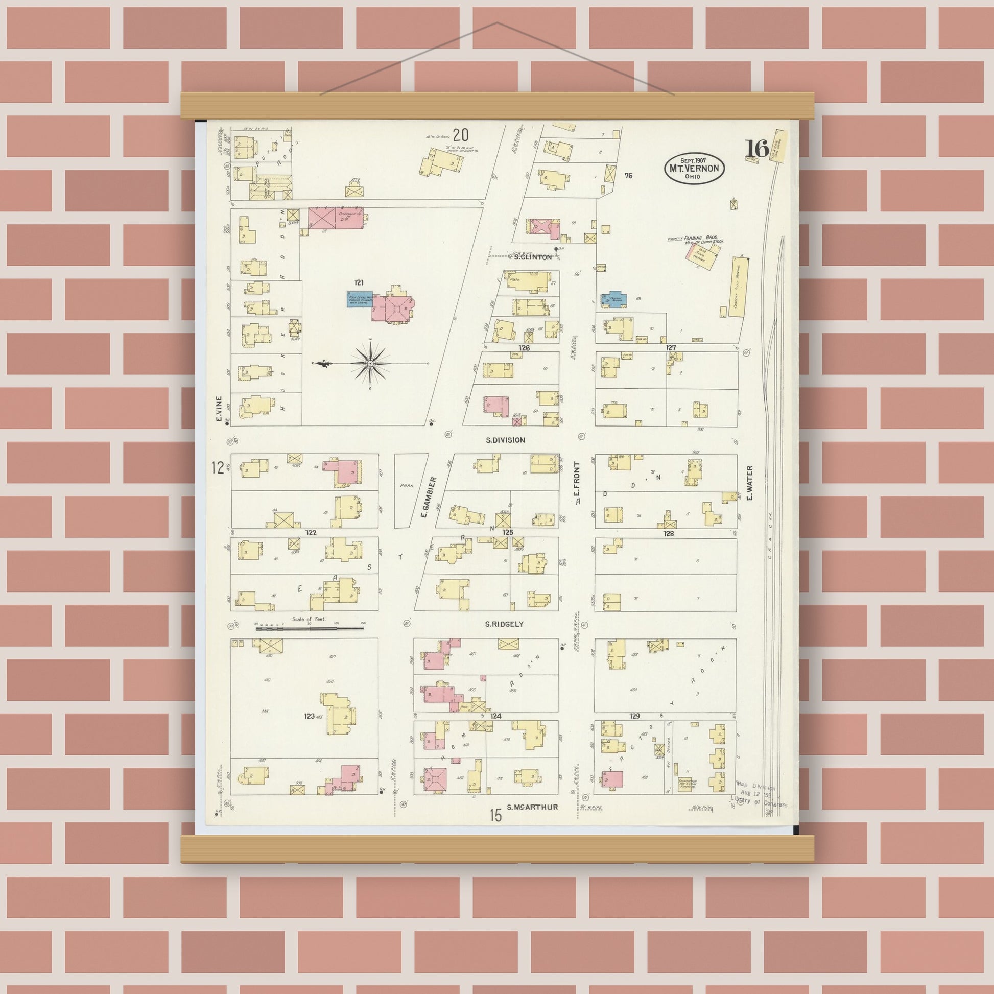 Old map wall art mockup — magnetic wood frame on brick wall — Sanborn Fire Insurance Map from Mount Vernon, Knox County, Ohio (1907), Sheet #0016
