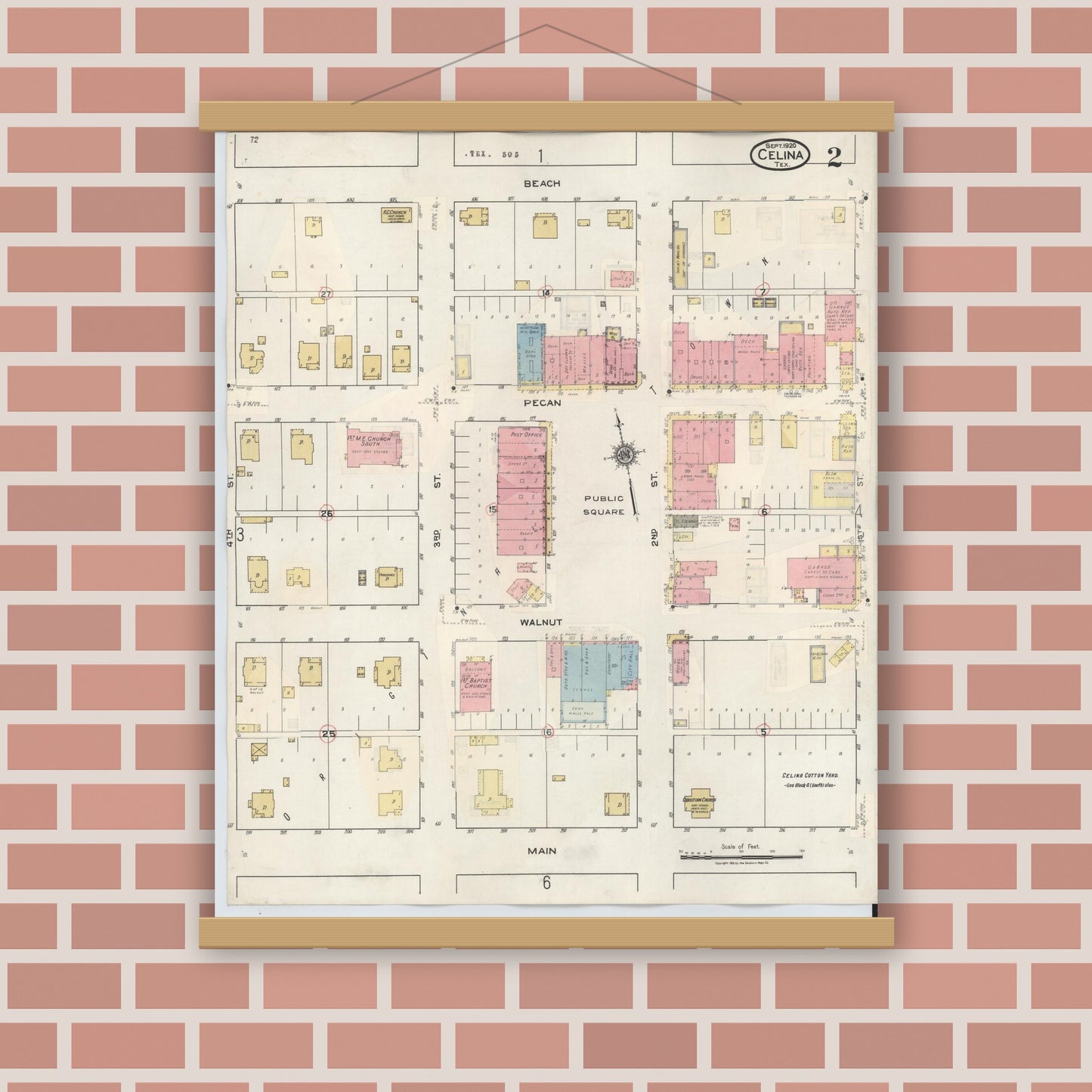 Old map wall art mockup — magnetic wood frame on brick wall — Sanborn Fire Insurance Map from Celina, Collin County, Texas (1944), Sheet #0002