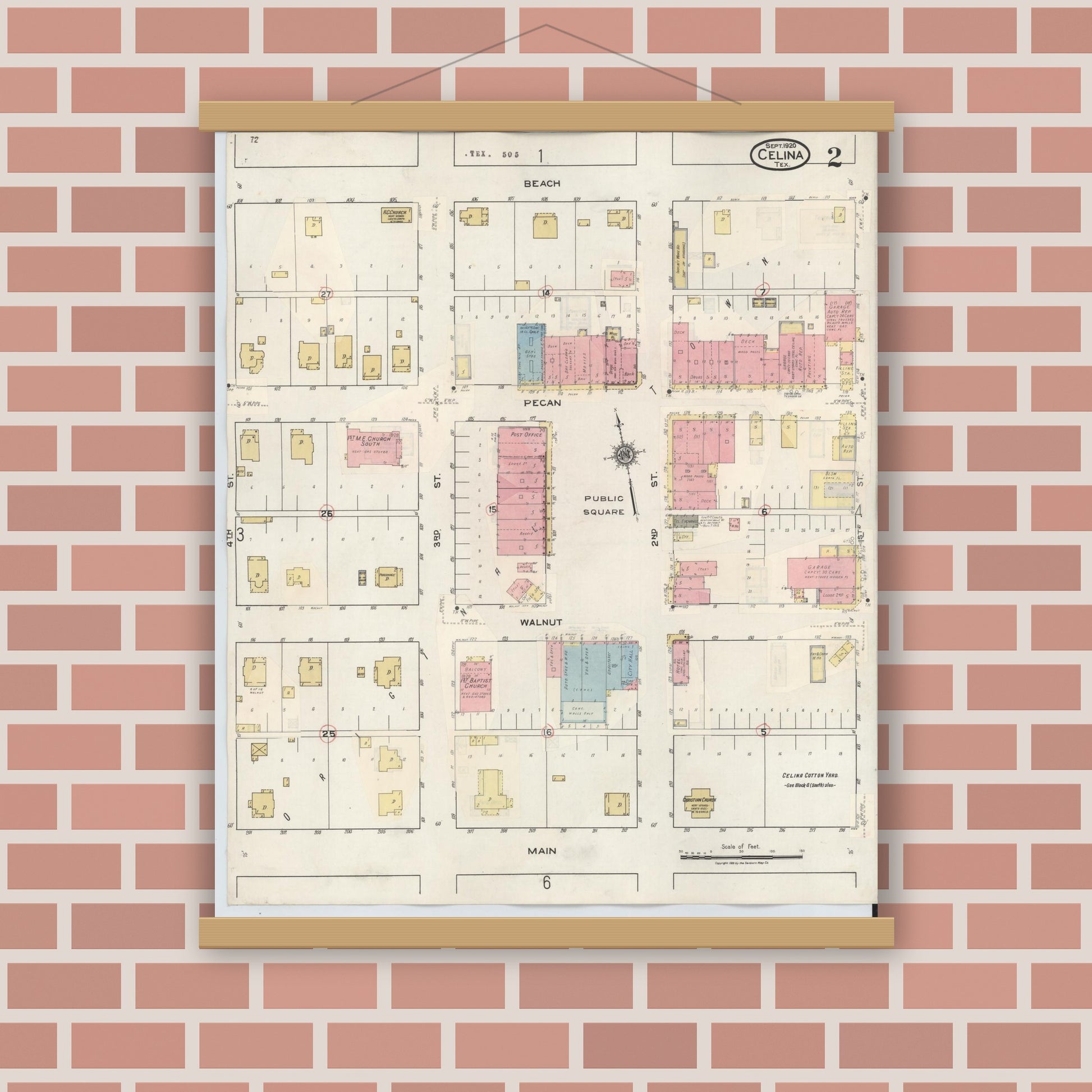 Old map wall art mockup — magnetic wood frame on brick wall — Sanborn Fire Insurance Map from Celina, Collin County, Texas (1944), Sheet #0002