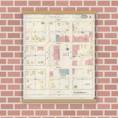 Old map wall art mockup — magnetic wood frame on brick wall — Sanborn Fire Insurance Map from Celina, Collin County, Texas (1944), Sheet #0002