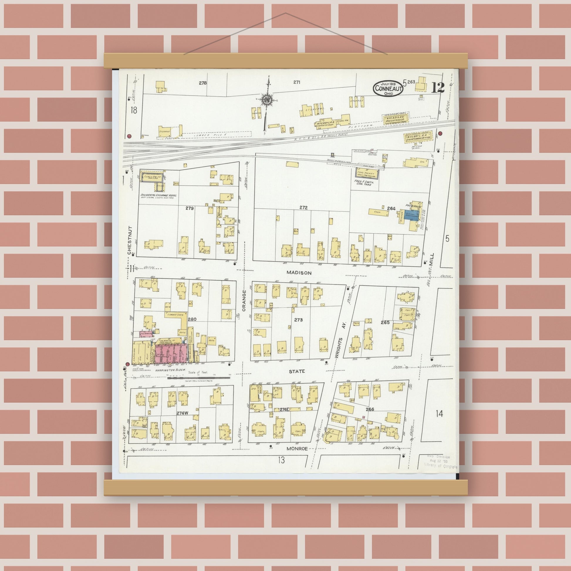 Old map wall art mockup — magnetic wood frame on brick wall — Sanborn Fire Insurance Map from Conneaut, Ashtabula County, Ohio (1919), Sheet #0012