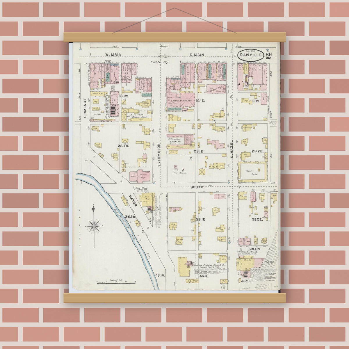 Old map wall art mockup — magnetic wood frame on brick wall — Sanborn Fire Insurance Map from Danville, Vermilion County, Illinois (1890), Sheet #0002