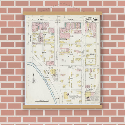 Old map wall art mockup — magnetic wood frame on brick wall — Sanborn Fire Insurance Map from Danville, Vermilion County, Illinois (1890), Sheet #0002