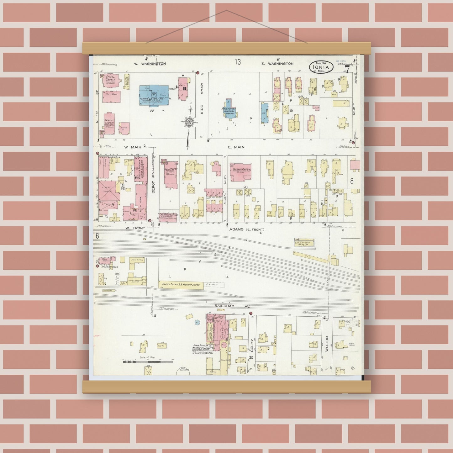 Old map wall art mockup — magnetic wood frame on brick wall — Sanborn Fire Insurance Map from Ionia, Ionia County, Michigan (1914), Sheet #0007