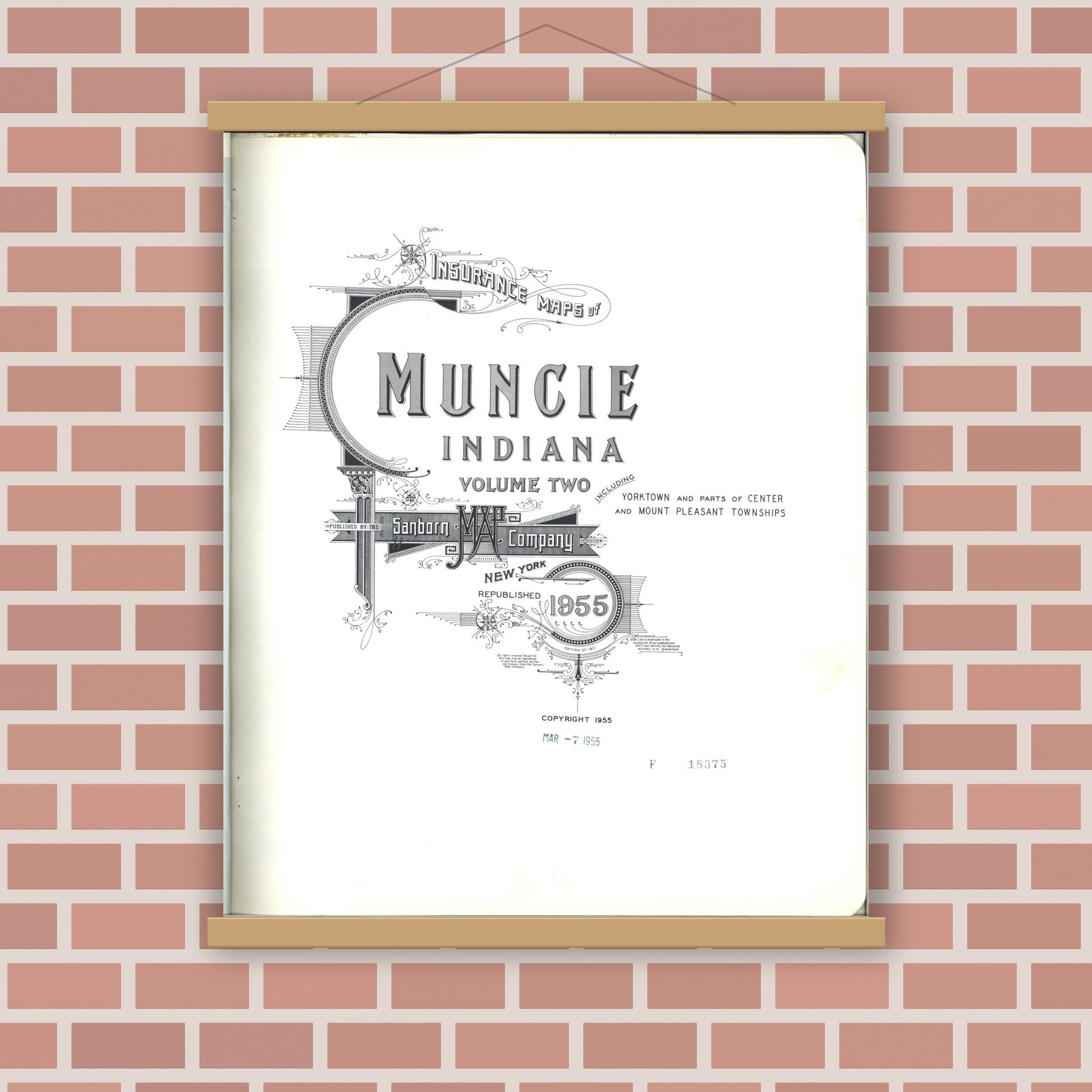 Old map wall art mockup — magnetic wood frame on brick wall — Sanborn Fire Insurance Map from Muncie, Delaware County, Indiana (1955), Sheet #0001