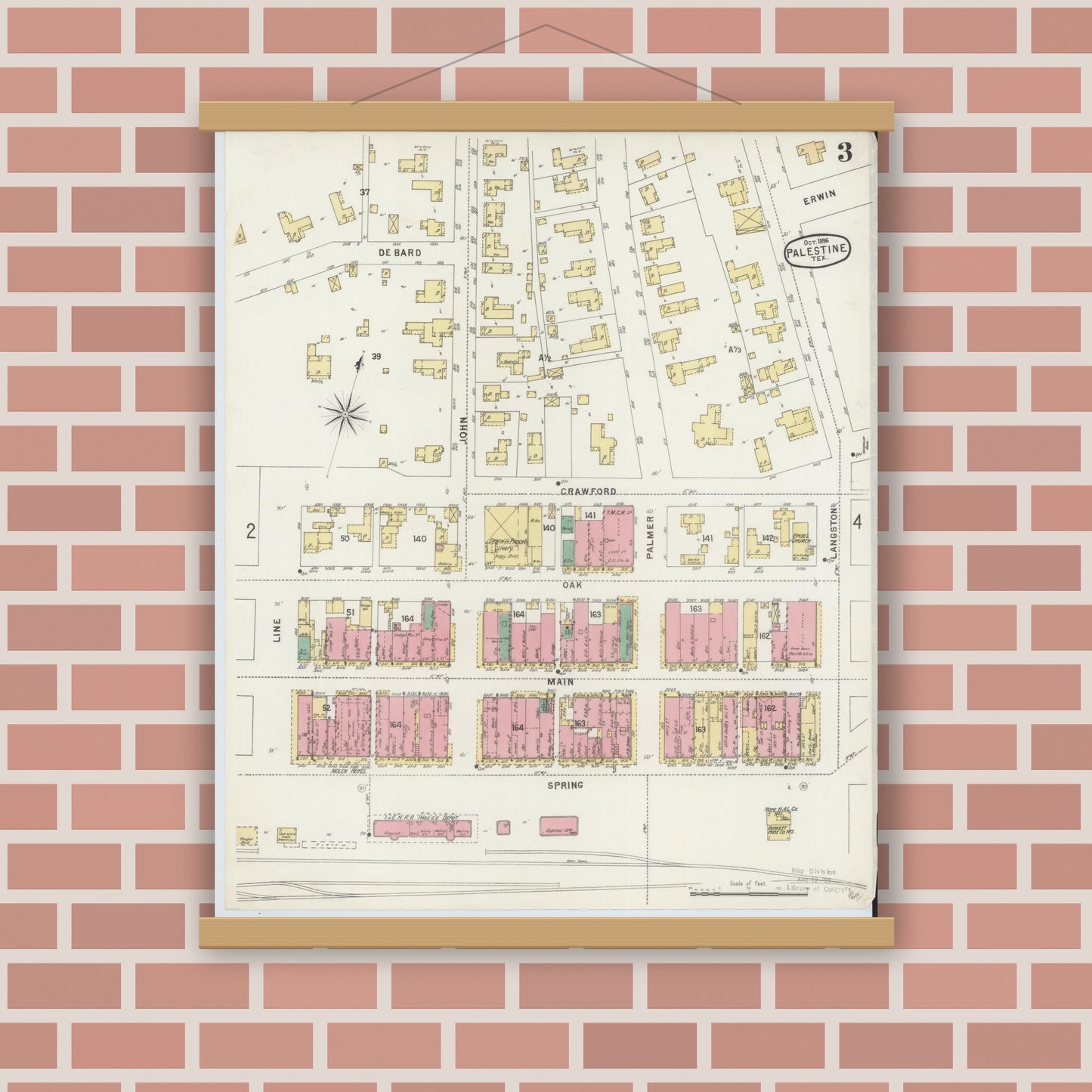 Old map wall art mockup — magnetic wood frame on brick wall — Sanborn Fire Insurance Map from Palestine, Anderson County, Texas (1896), Sheet #0003