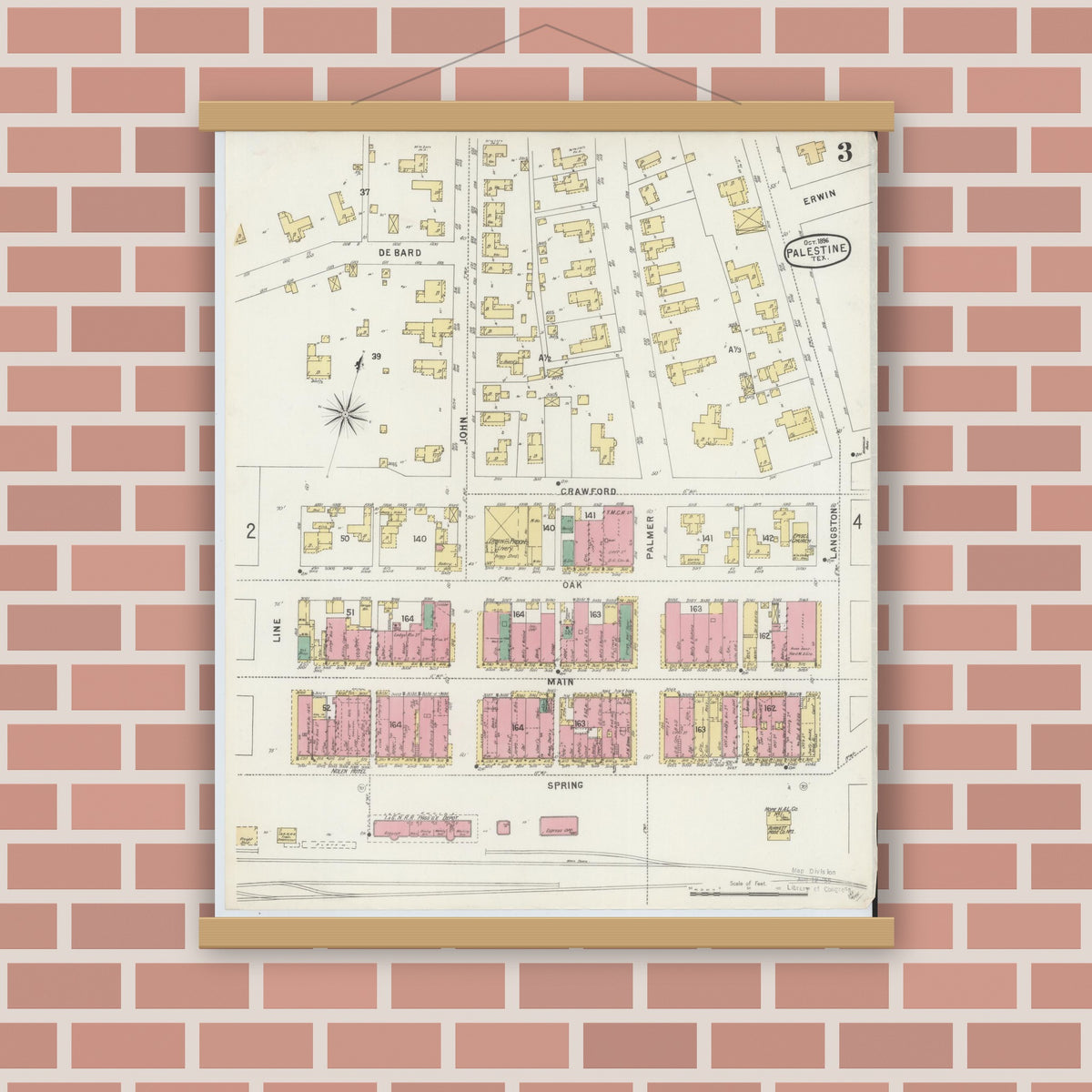 Old map wall art mockup — magnetic wood frame on brick wall — Sanborn Fire Insurance Map from Palestine, Anderson County, Texas (1896), Sheet #0003