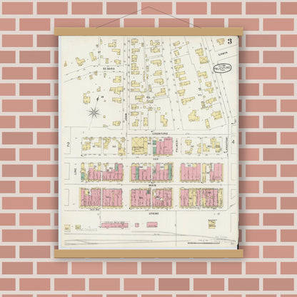 Old map wall art mockup — magnetic wood frame on brick wall — Sanborn Fire Insurance Map from Palestine, Anderson County, Texas (1896), Sheet #0003