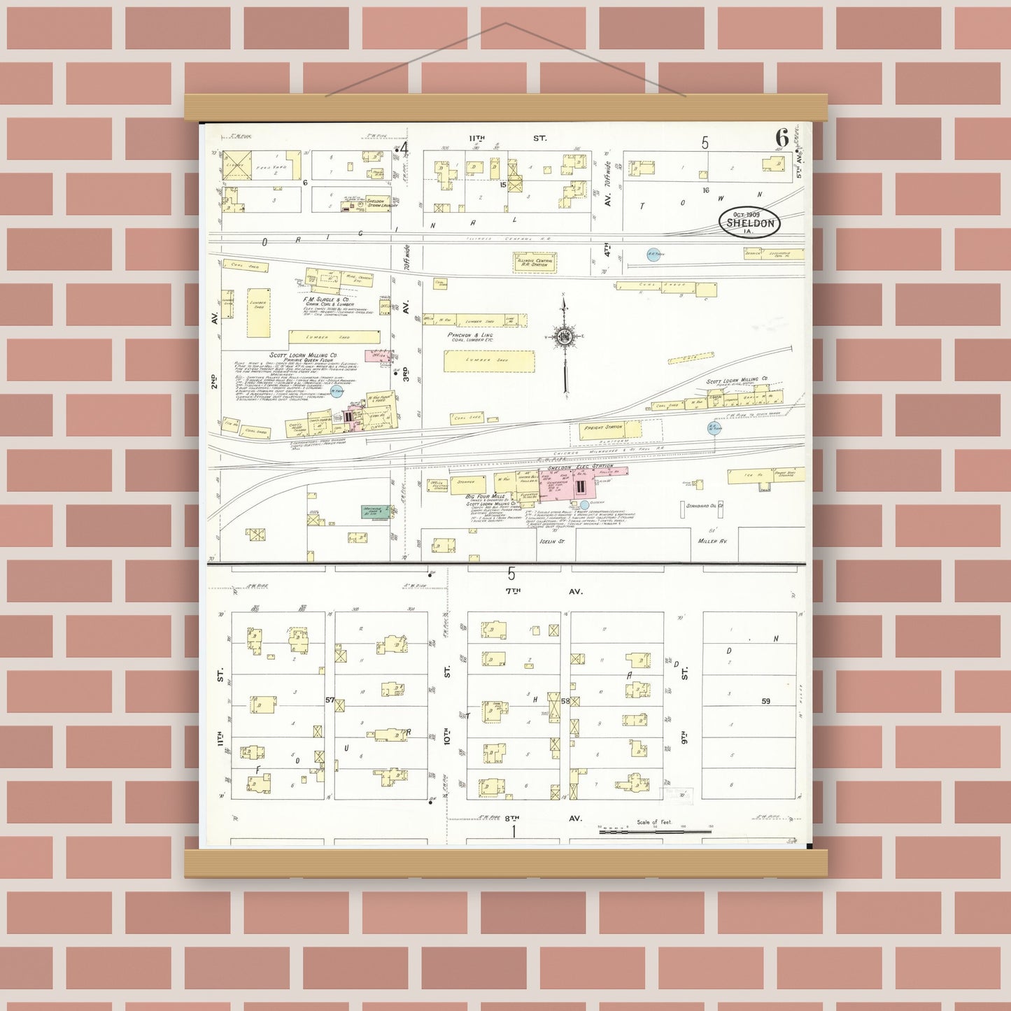 Old map wall art mockup — magnetic wood frame on brick wall — Sanborn Fire Insurance Map from Sheldon, O'Brien County, Iowa (1909), Sheet #0006
