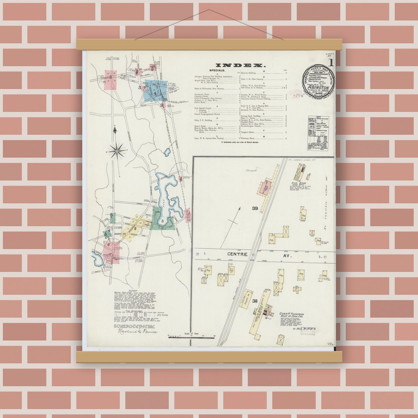 Old map wall art mockup — magnetic wood frame on brick wall — Sanborn Fire Insurance Map from Abington, Plymouth County, Massachusetts (1891) - Complete Map Set
