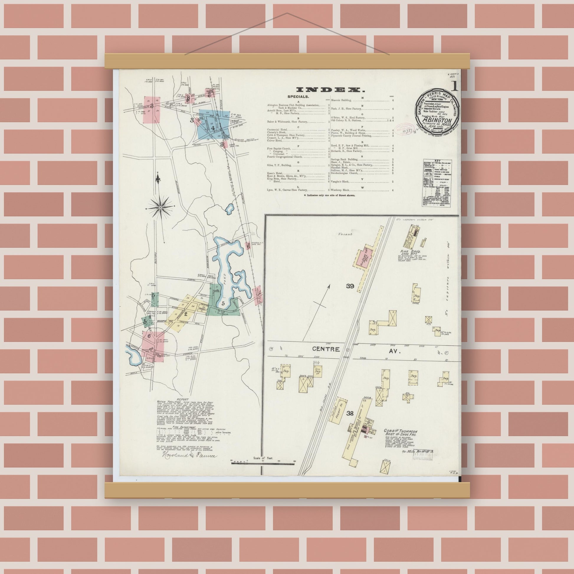 Old map wall art mockup — magnetic wood frame on brick wall — Sanborn Fire Insurance Map from Abington, Plymouth County, Massachusetts (1891) - Complete Map Set