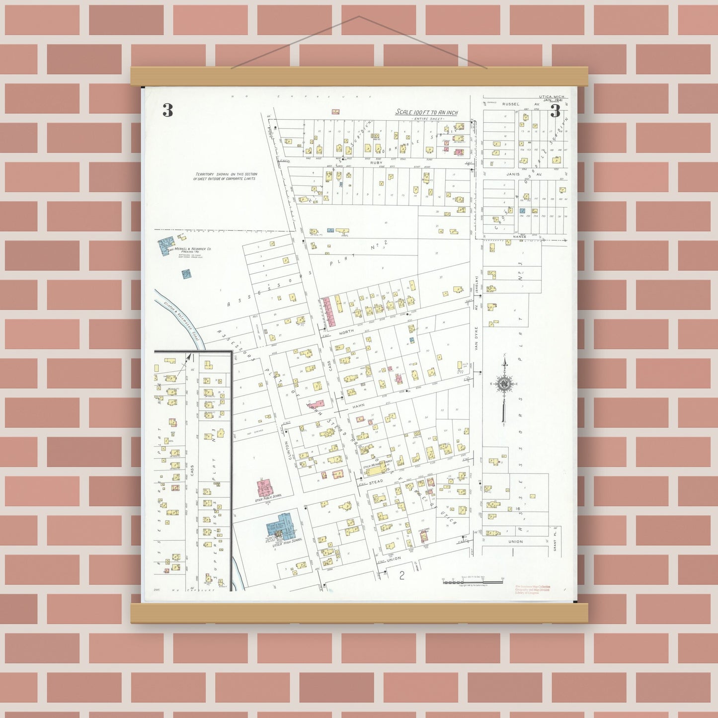 Old map wall art mockup — magnetic wood frame on brick wall — Sanborn Fire Insurance Map from Utica, Macomb County, Michigan (1941), Sheet #0003