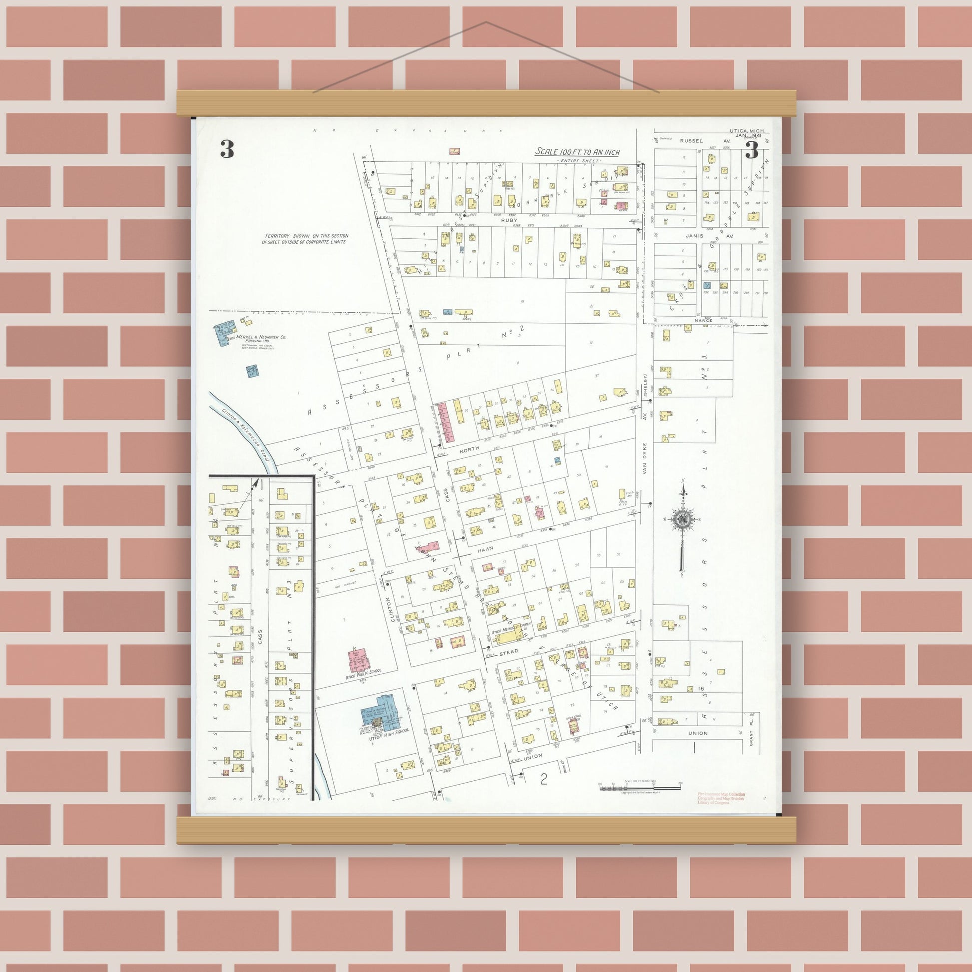 Old map wall art mockup — magnetic wood frame on brick wall — Sanborn Fire Insurance Map from Utica, Macomb County, Michigan (1941), Sheet #0003