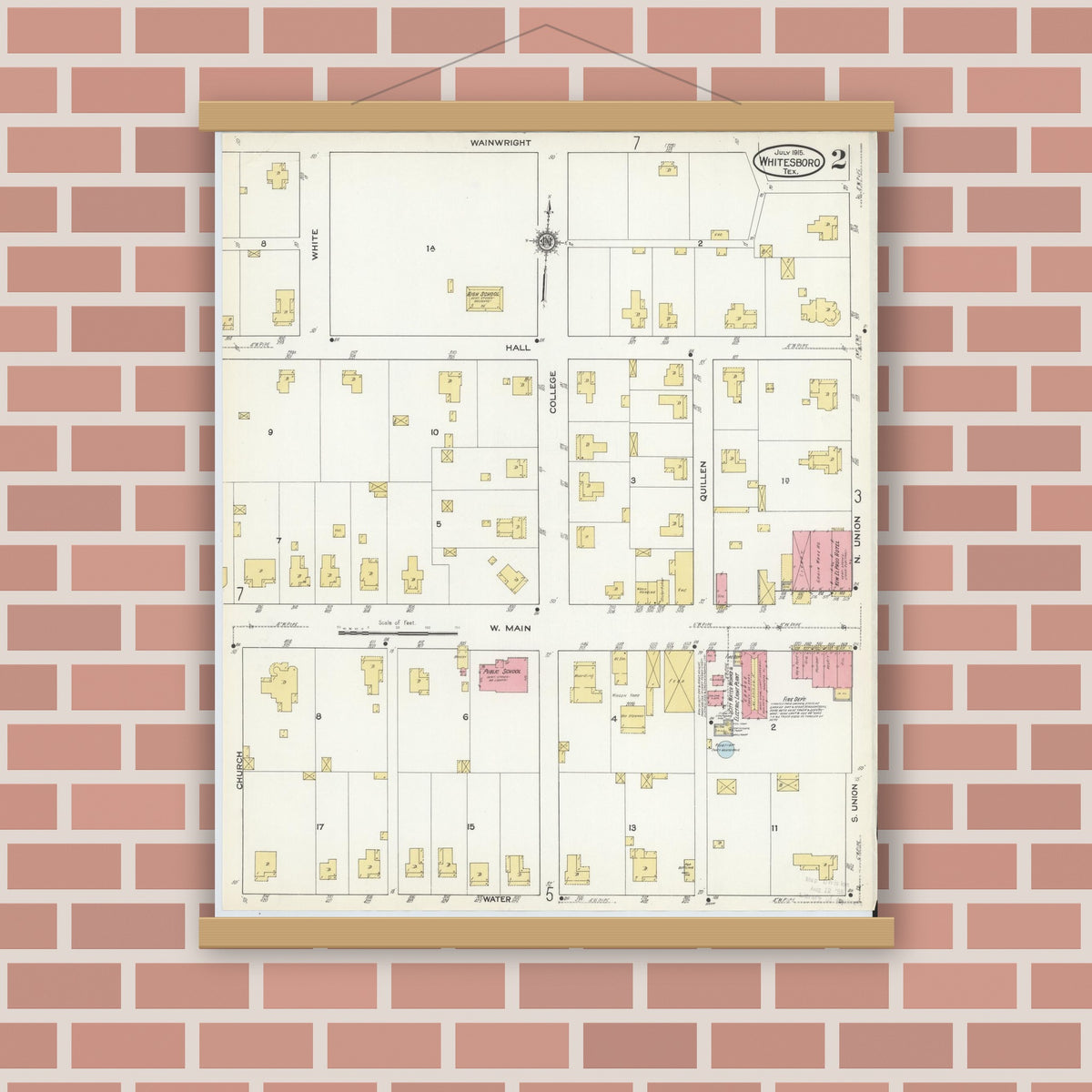Old map wall art mockup — magnetic wood frame on brick wall — Sanborn Fire Insurance Map from Whitesboro, Grayson County, Texas (1915), Sheet #0002