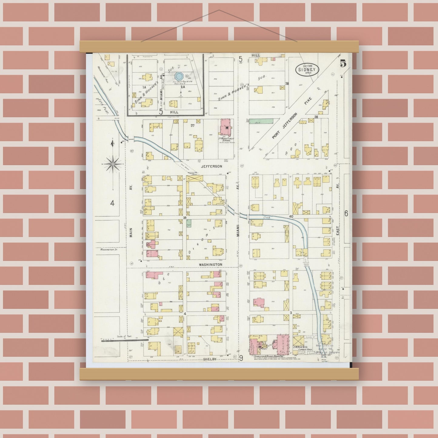 Old map wall art mockup — magnetic wood frame on brick wall — Sanborn Fire Insurance Map from Sidney, Shelby County, Ohio (1898), Sheet #0005