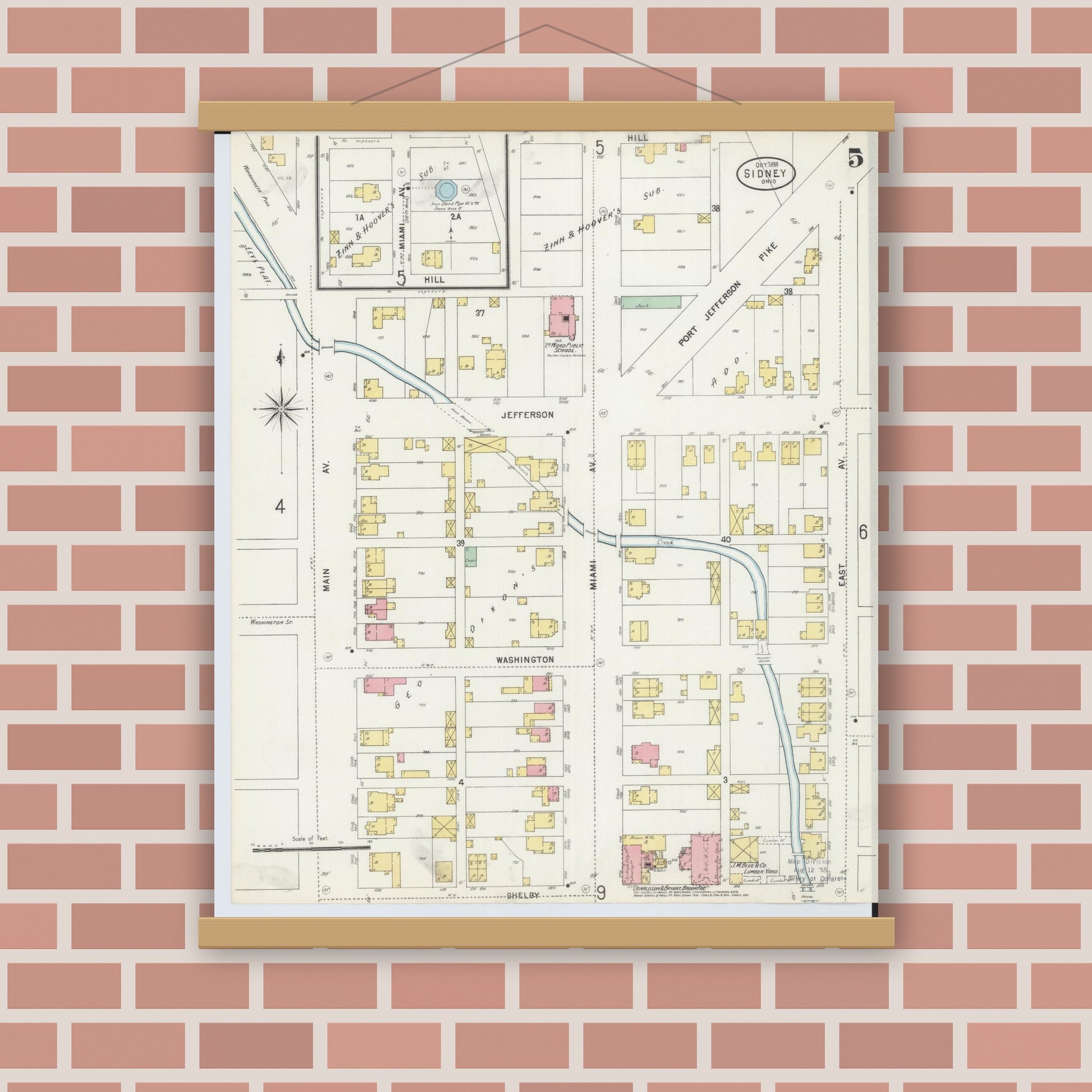 Old map wall art mockup — magnetic wood frame on brick wall — Sanborn Fire Insurance Map from Sidney, Shelby County, Ohio (1898), Sheet #0005