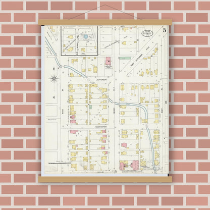 Old map wall art mockup — magnetic wood frame on brick wall — Sanborn Fire Insurance Map from Sidney, Shelby County, Ohio (1898), Sheet #0005
