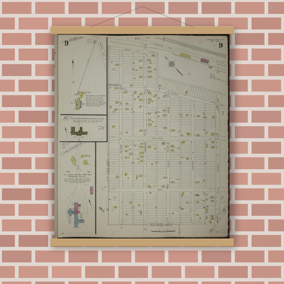 Old map wall art mockup — magnetic wood frame on brick wall — Sanborn Fire Insurance Map from Clark's Summit, Lackawanna County, Pennsylvania (1942), Sheet #0009