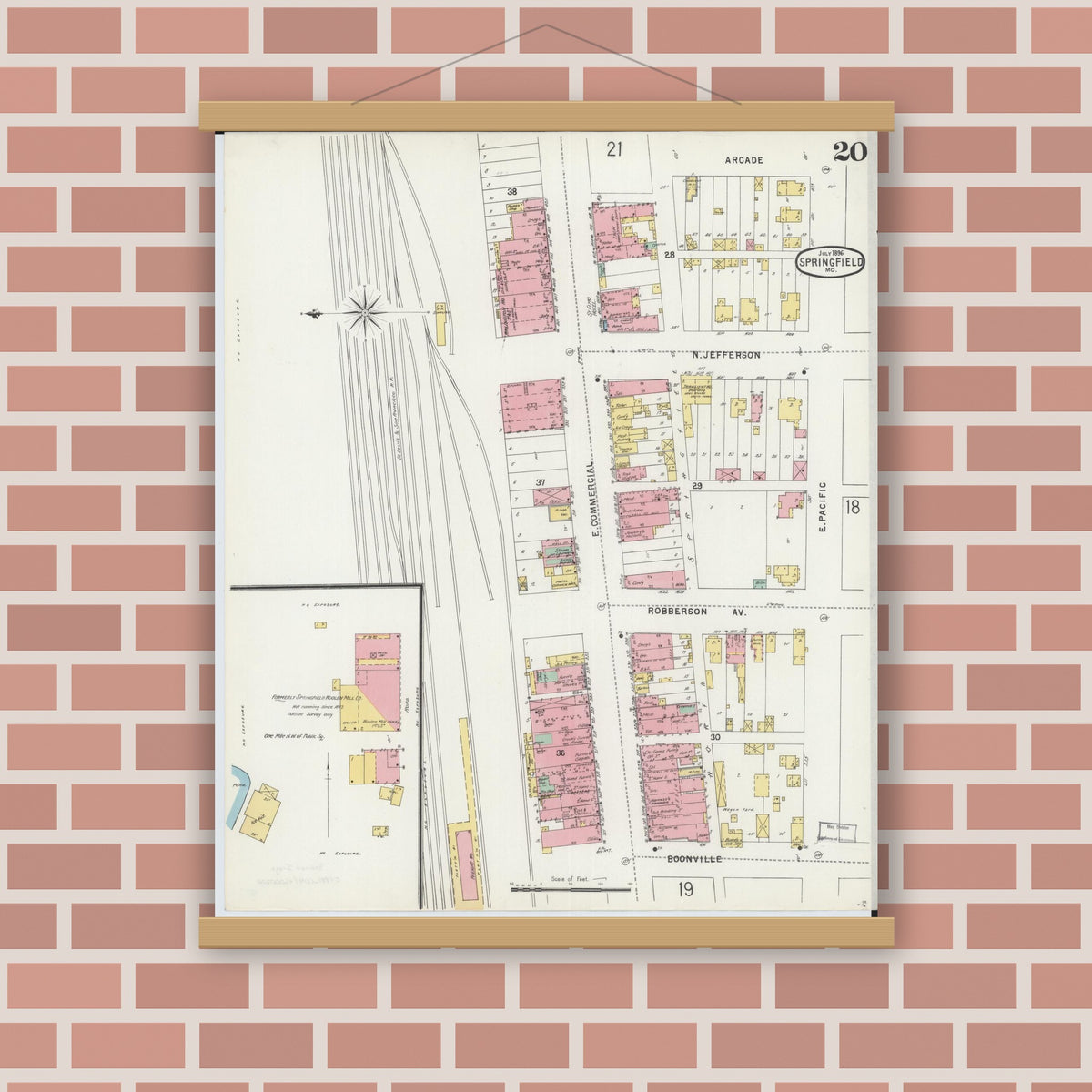 Old map wall art mockup — magnetic wood frame on brick wall — Sanborn Fire Insurance Map from Springfield, Greene County, Missouri (1896), Sheet #0020